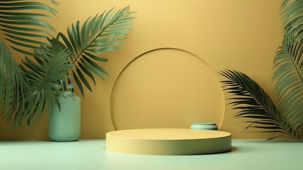 Abstract background with yellow color geometric 3d podium and palm tree Generative ai