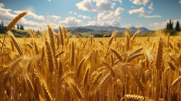 Abstract background with yellow wheat ears and blue sky in sunny day Wheat harvest at agricultural farmland countryside modern wallpaper Horizontal illustration for banner design Generative AI