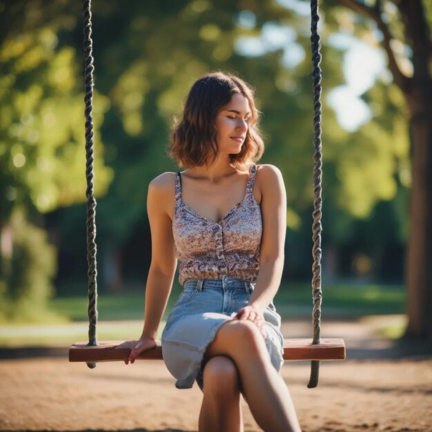 Photo abstract background of a woman sitting on a swing using a