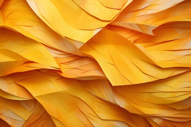 Abstract background of yellow origami crumpled paper Close up