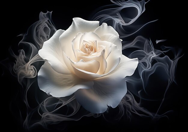 Abstract beautiful white rose emanating light and smoke around it Romanticism and beauty AI