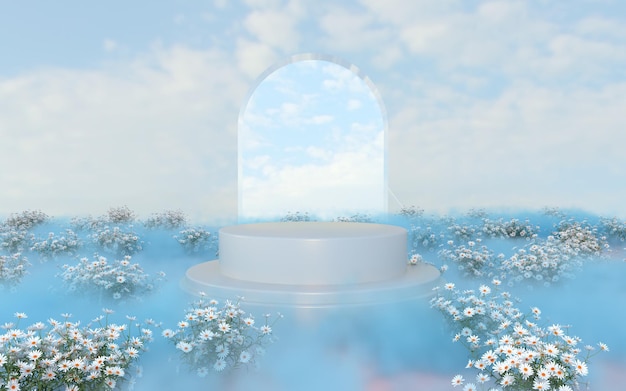 Abstract beauty podium backdrop with white flower field scene and clouds