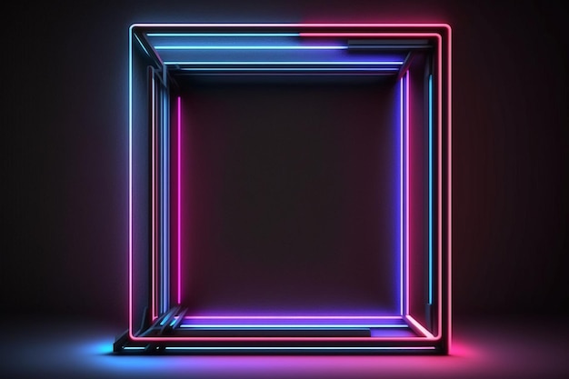 abstract black background red pink blue neon geometric line glowing square frame Generative AI