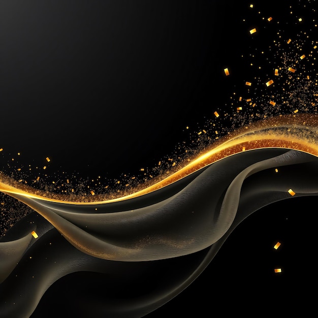 Abstract black background with golden wave and confetti