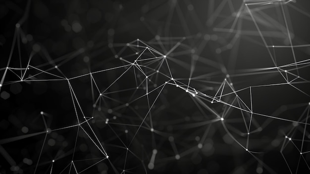 Abstract black background with white dots connected in the form of low poly network