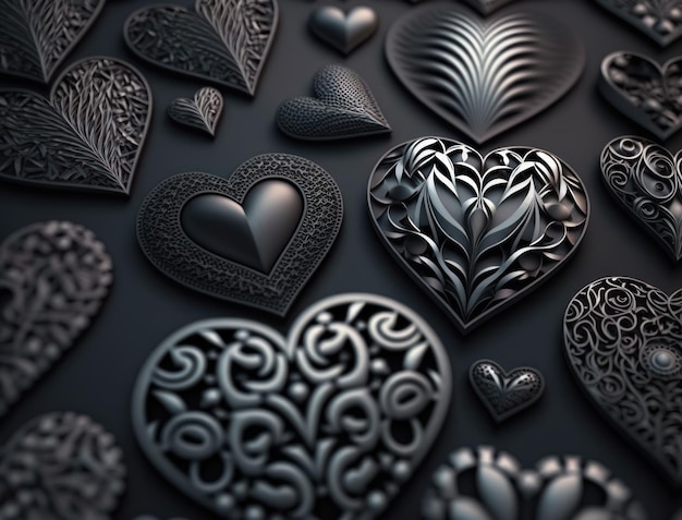 Abstract black geometric background Various heart shapes Flat lay created with Generative AI technology