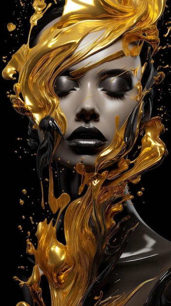 Abstract black gold designs with a woman in the style of melting