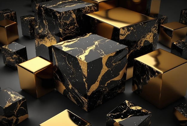 Abstract black golden marble cubes geometric background Generative AI