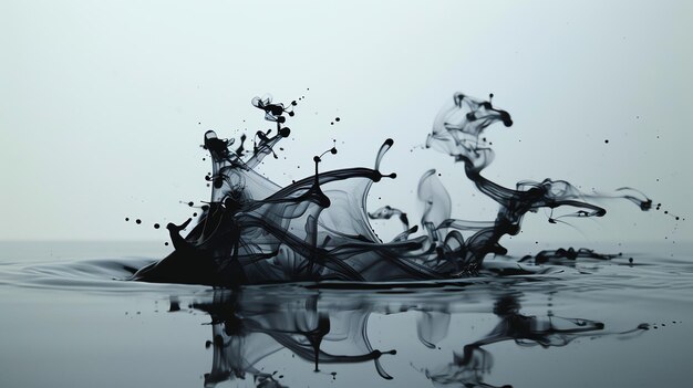 Photo abstract black ink splattering into water