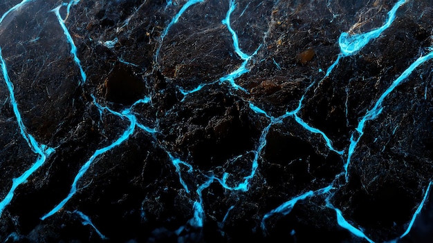 Abstract black marble stone wallpaper with glowing blue cracks