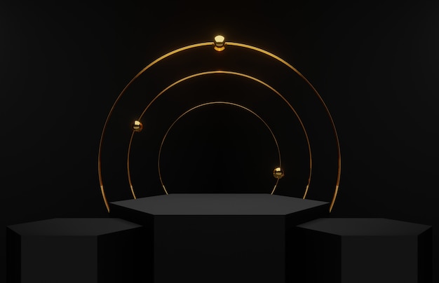 Abstract Black Room Cwith Three hexagons podiums and a golden hoop, 3d render