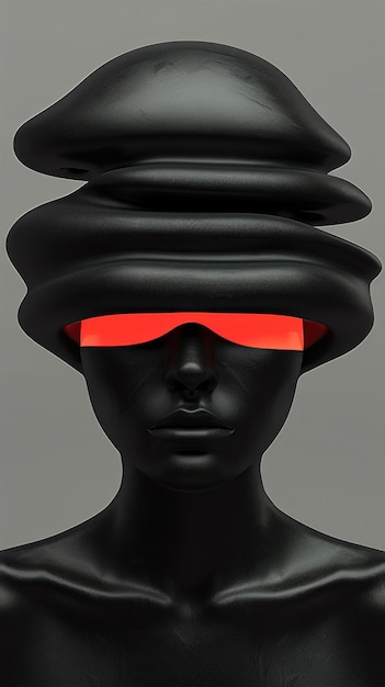 Photo abstract black sculpture with layered hat and red glasses on gray background