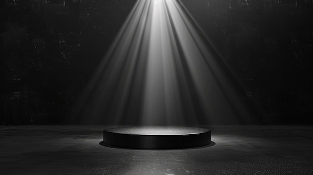 Abstract black stage with one round podium in light beam with light spot mockup for presentation cosmetic products goods advertising design in soft gradient in modern simple style copy space