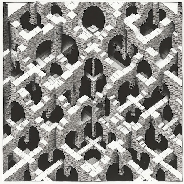 Photo abstract black and white 3d illustration of a complex structure with arches and repeating patterns