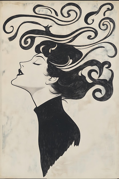 Abstract black and white art print of a womans face with flowing hair