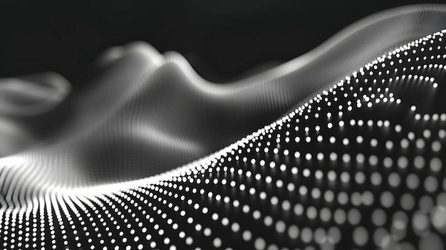 Abstract black and white background with a wave of glowing dots