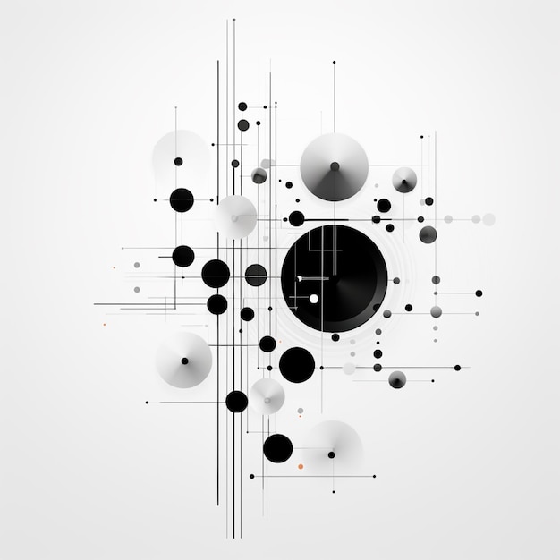 abstract black and white circles and lines with a clock on a white background generative ai