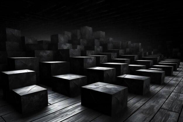 Abstract of black and white cubes in empty dark room