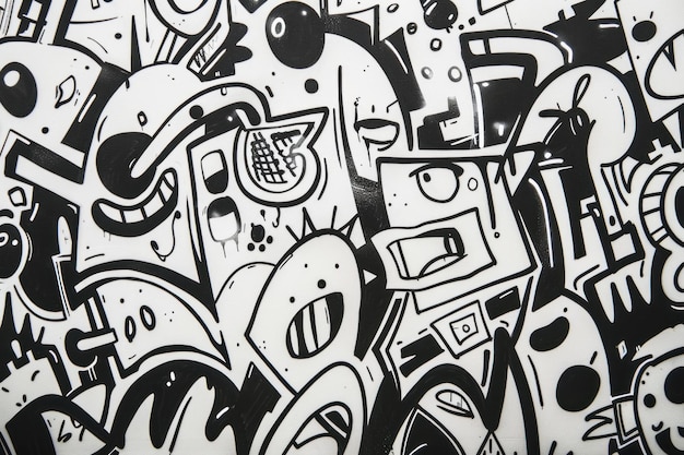 Abstract black and white graffiti illustration with various playful characters and shapes on a light background