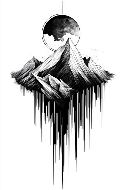 Photo abstract black and white illustration of a mountain range with a circle and dripping lines