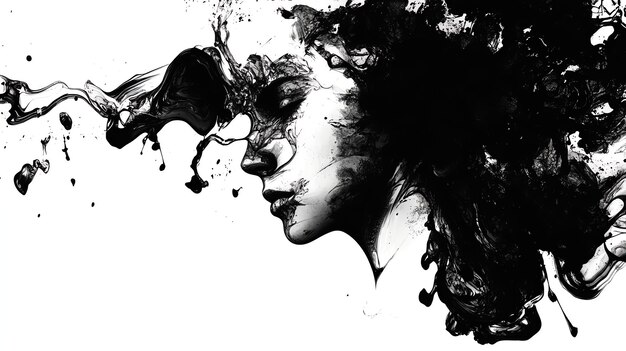 Photo abstract black and white ink splatter painting forming a womans profile