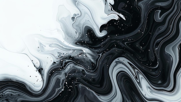 Abstract black and white marbled paint with white speckles