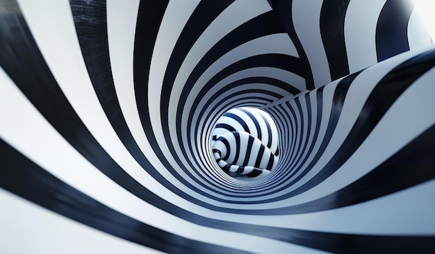 Abstract black and white spiral illusion artwork with spherical center