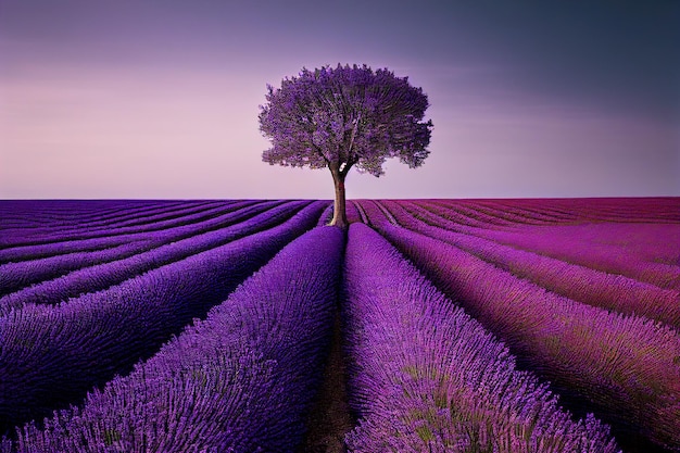 Abstract blooming purple tree in lavender field in holland 3d illustration Generative AI