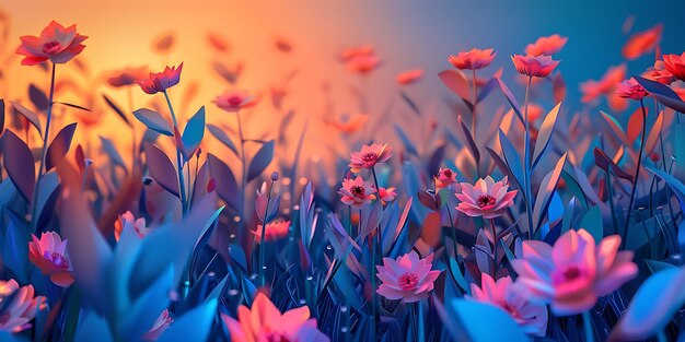 Abstract Blossoms A Modernist Landscape at Dawn Radiant Geometry 3D Flower Garden in Dawn Light