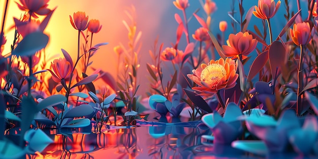 Abstract Blossoms A Modernist Landscape at Dawn Radiant Geometry 3D Flower Garden in Dawn Light