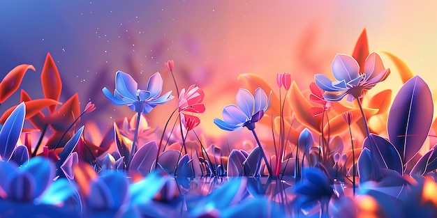 Abstract Blossoms A Modernist Landscape at Dawn Radiant Geometry 3D Flower Garden in Dawn Light