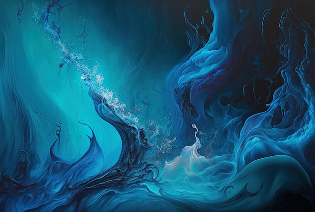 Abstract blue acrylic paint background with flowing art ocean of cosmic smoke underneath the surface