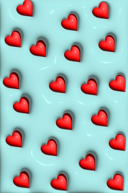 Abstract blue background with red hearts wallpaper for mobile devices 3D illustration