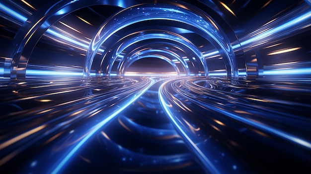 Abstract Blue Futuristic Tunnel with Glowing Lights