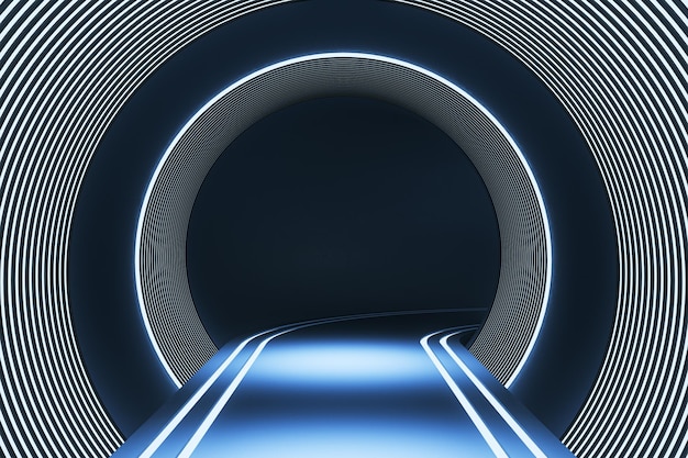 Abstract blue futuristic tunnel with lines backdrop Website landing page concept 3D Rendering