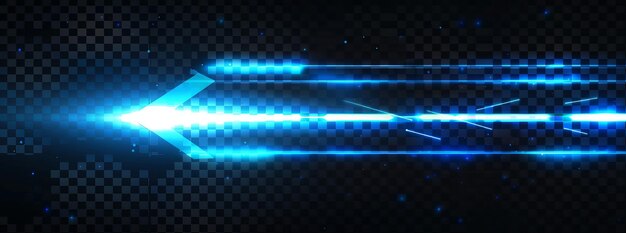 Photo abstract blue glowing arrow with speed lines on a dark checkered background