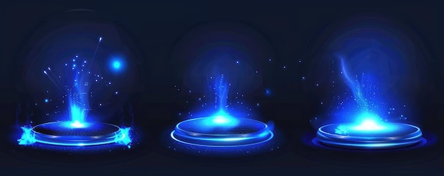 Abstract blue glowing futuristic portal or round pedestal podium set light effect and energy spark on black background vector illustration design element for technology concept vector Illustration