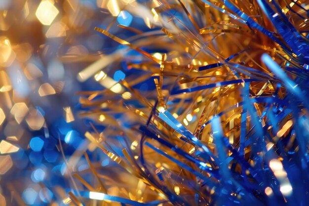 Photo abstract blue and gold christmas tinsel background with sparkling lights