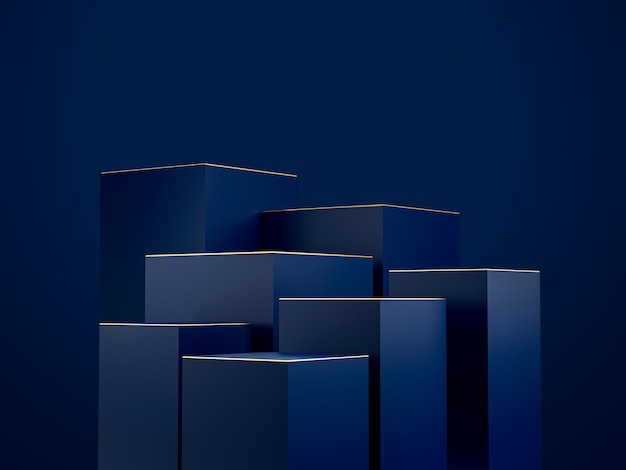 Abstract blue and gold geometric podiums luxury concept background 3d illustration