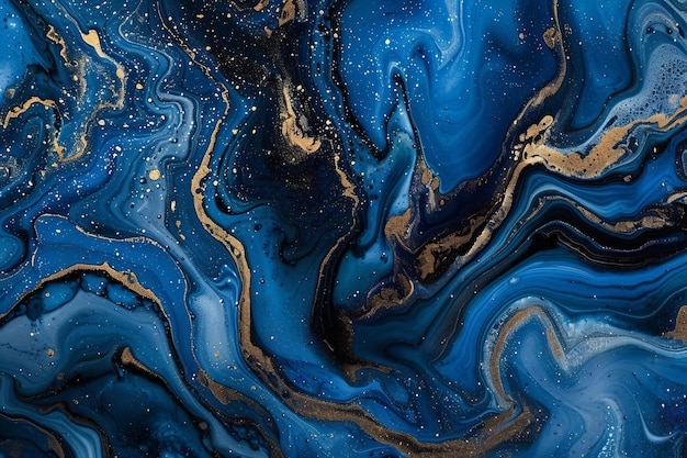 Abstract blue and gold marble background blue and black swirls creating a liquid art texture