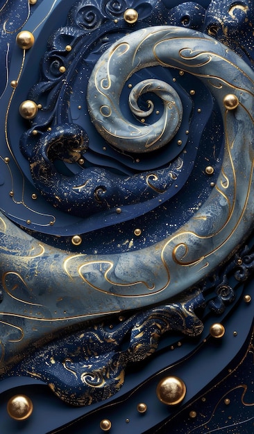 Abstract blue and gold swirls with decorative elements and intricate design