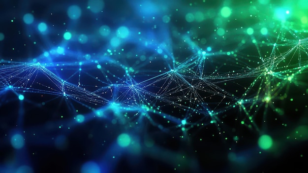 Abstract Blue and Green Network with Glowing Bokeh Lights Technology Background