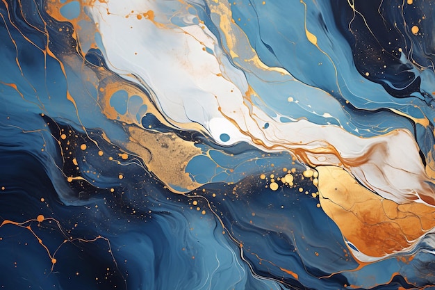 Abstract blue liquid watercolor background with golden stains Cyan marble background generative ai