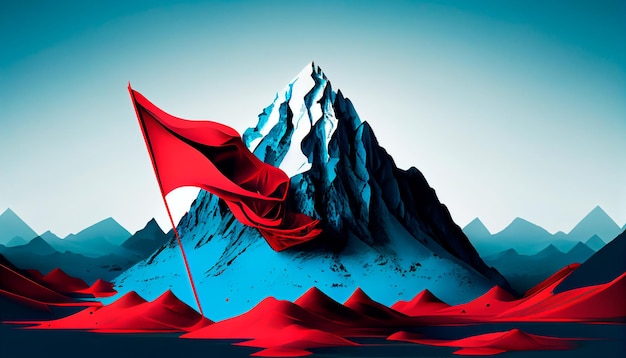 Abstract blue mountain with red flag on top success concept Generative AI