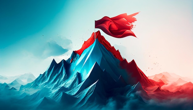 Abstract blue mountain with red flag on top success concept Generative AI