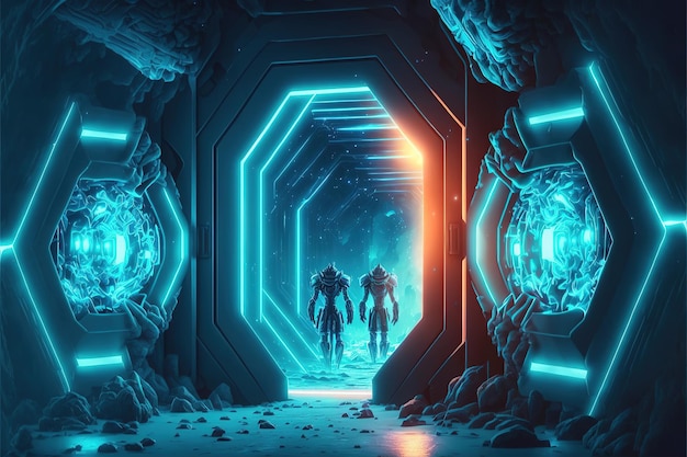 Abstract blue neon background with a scifi thaw frozen in ice Fantasy neon light tunnel AI