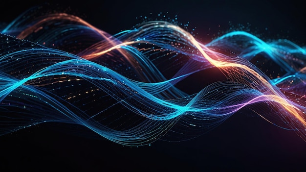 Photo abstract blue and orange glowing wavy lines with light particles on a black background