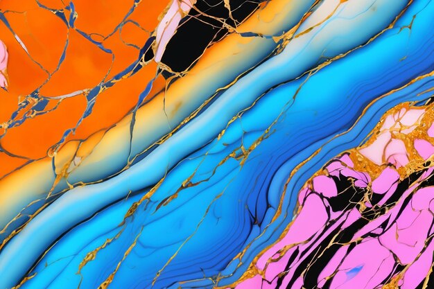 Photo abstract blue orange pink and gold marble pattern with streaks and veins