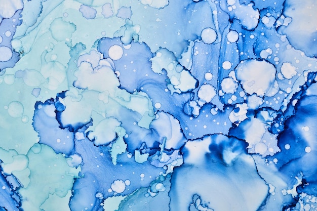 Abstract blue paint background. Water bubbles drops stains splashes texture pattern