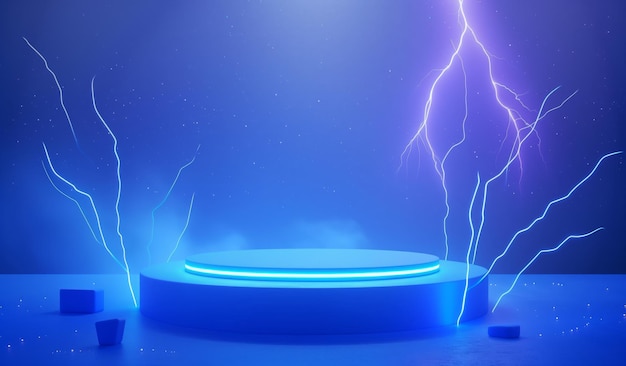 Abstract blue podium with lightning and glowing neon shapes in the background